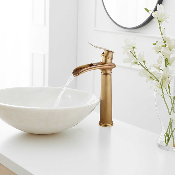 Single Handle Waterfall Vessel Sink Faucet with Pop-Up Drain and Brass Bathroom Faucet in Brushed Gold(Valve Included)